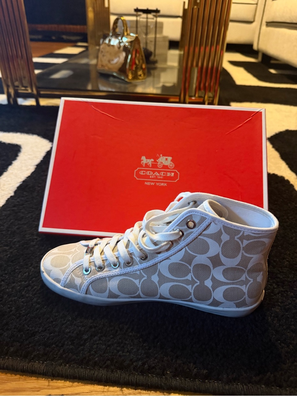 Coach Kids High-Top Sneaker in Beige and White Signature Print